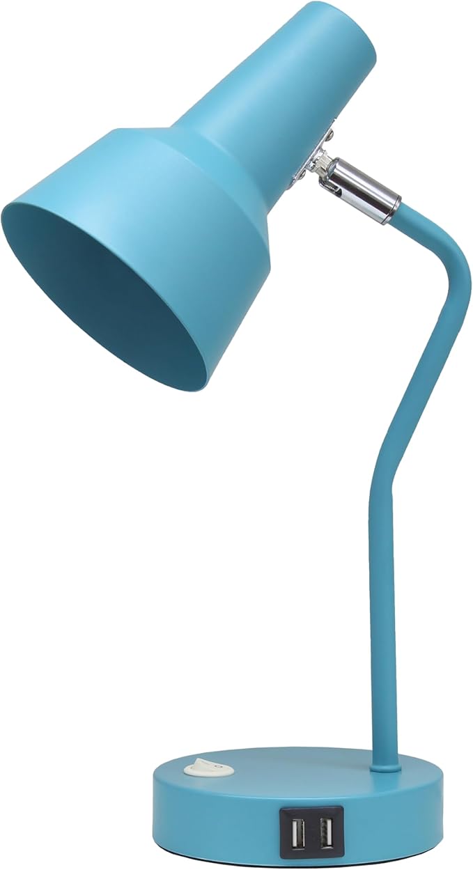 Simple Designs LD1072-CYN 15.2" Sleek Essentials Metal Cone Shade Desk Lamp with Adjustable Shade and Dual USB Ports, for Office, Desk, Nightstand, Dorm, Cyan Blue