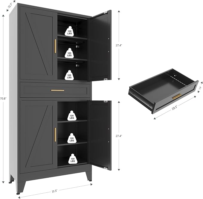 Washsemba 71 "Farmhouse Metal Filing Cabinet with a Drawer and 4 Adjustable Shelves, with 4 Large barn Door Black Kitchen Cabinets, Metal Food Cabinets for Home, Kitchen, Dining/Living Room (Black)