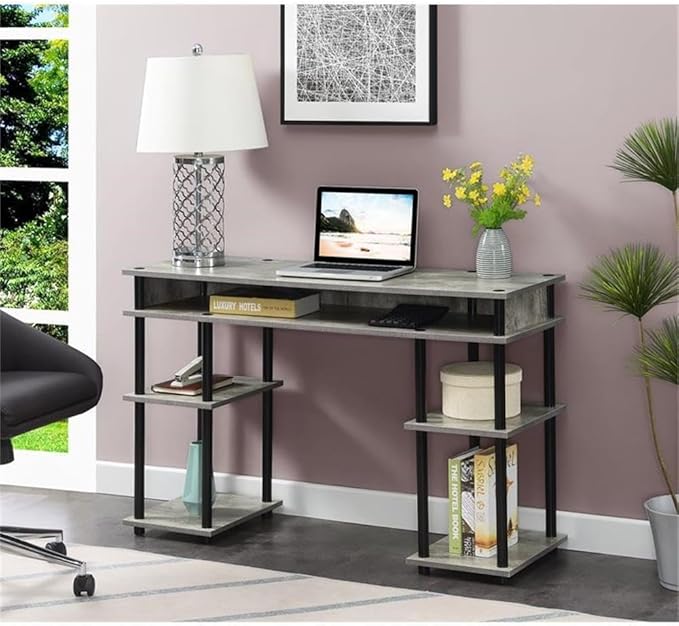 Convenience Concepts Designs2Go No Tools Desk Home Office Desk with Shelves, Corner Shelf Vanity Desk Computer Desk Nail Table for Nail Tech - 47.25" L x 15.75" W x 30" H, Faux Birch/Black
