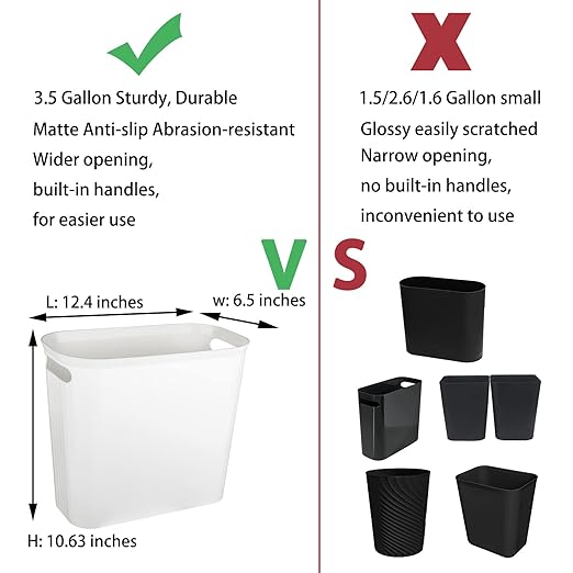 rejomiik Bathroom Small Trash Can Slim Garbage Can Wastebasket 3.5 Gallon Plastic Trash Bin Container for Bedroom, Home, Office, Dorm Room, Kitchen, 2 Pack White