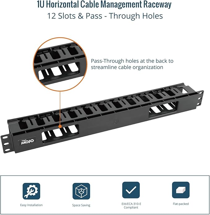 Tecmojo 2 Pack 1U Server Rack Horizontal Cable Management with Cover,2.6“ Depth Plastic Cable Manager,Rack Mount 12 Slots Wire Duct Organizer,for 19 inch AV/IT/Data/Audio and Network Cabinet
