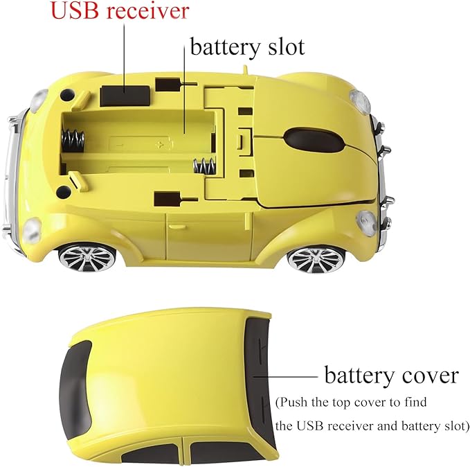 elec Space Wireless Mouse, 2.4GHz Wireless Computer Mouse Cool 3D Sport Car Shape Ergonomic Optical Cordless Mice with USB Receiver for PC Laptop Notebook 1600DPI Yellow