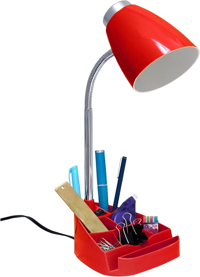 Simple Designs LD1067-RED Compartmental Desk Lamp with iPhone/iPad/Tablet Stand, Bendable Gooseneck, for Office, Living Room, Nightstand, Library, Entryway, Red