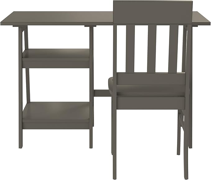 24/7 Shop at Home Myrrh Cottage 2-Piece Wood Storage Writing Desk with 2 Shelves and Chair Set for Workstation, Home Office, Study Room, Gray