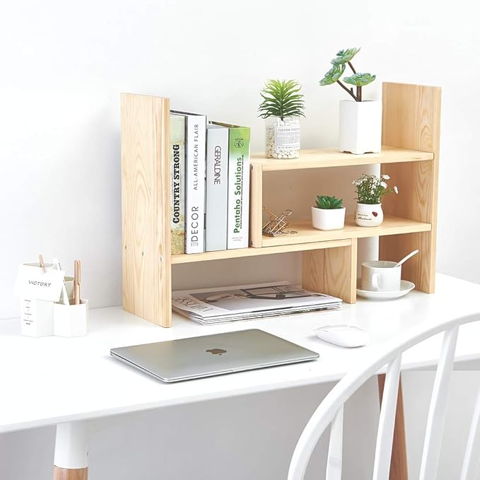 Liry Products Beige Adjustable Extendable Natural Wood Desktop Organizer Caddy Desk Organizer Countertop Shelf Bookcase Display Stand Rack Expandable Storage Office Home