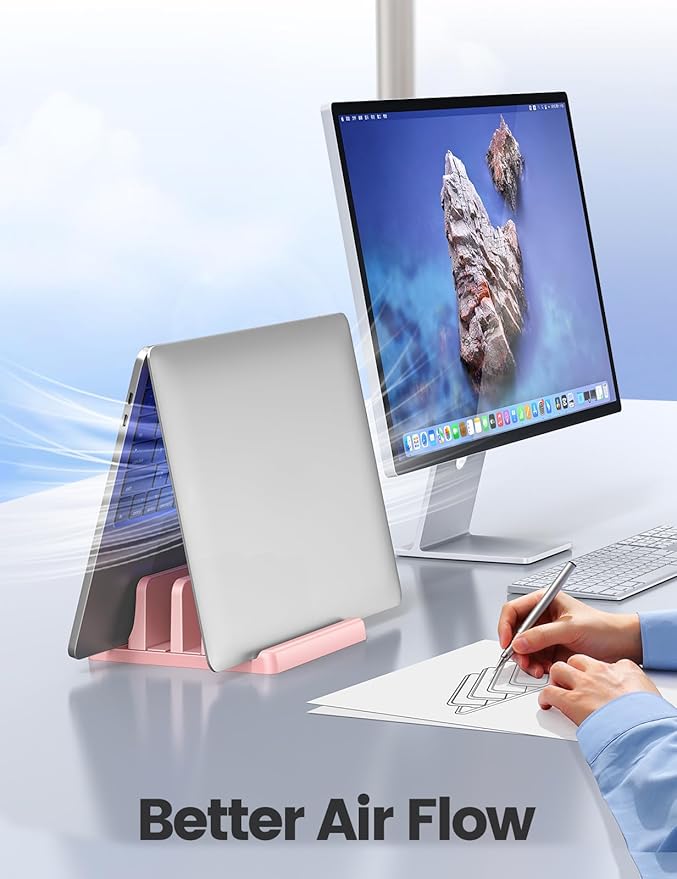 Vaydeer Vertical Laptop Stand for Desk, Dual Slots Plastic Laptop Holder with Space Saving 4-in-1 Design, Adjustable Laptop Stand Supports MacBook, Chromebook, Surface, Dell (Pink)