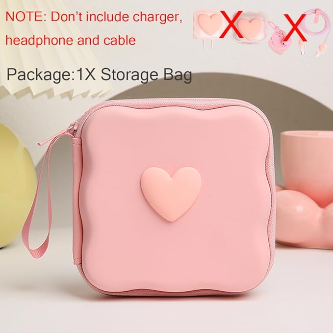 Charger Cover Storage Bag, Lovely 3D Love Heart Waves Design Charger Protector Travel Storage Case, Earphone Wire Saver Cable Cord Organizer Wireless Earphone Storage Box, Pink Love