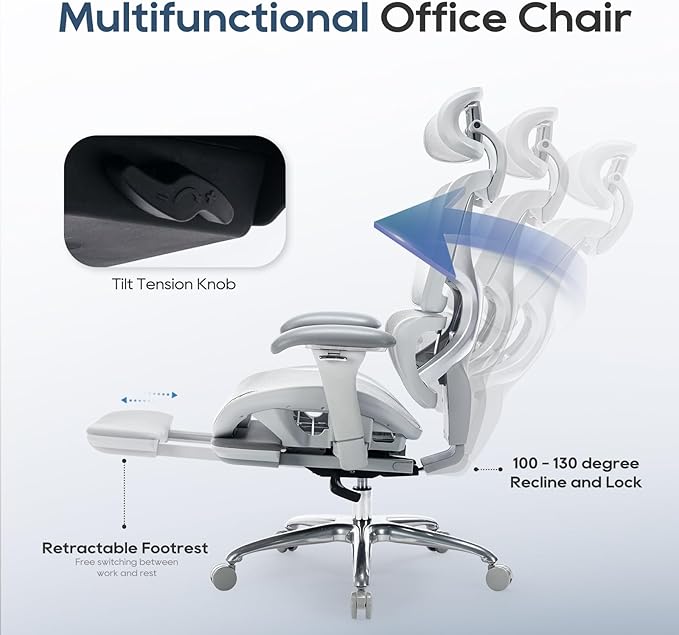 COLAMY Ergonomic Mesh Office Chair, High Back Desk Chair with Footrest, Adjustable Headrest and 3D Arms, Fixed Tilt Lock, Lumbar Support, Breathable Mesh Computer Chair for Home Office,Grey