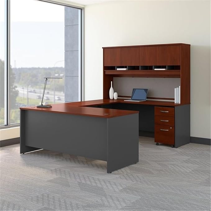 Pemberly Row 72" W U-Shaped Desk with Hutch and Storage, Hansen Cherry Finish, Thermally Fused Laminate, 6 Cubbies, 4 Doors, 3 Drawer Mobile File Cabinet for Office Workspace