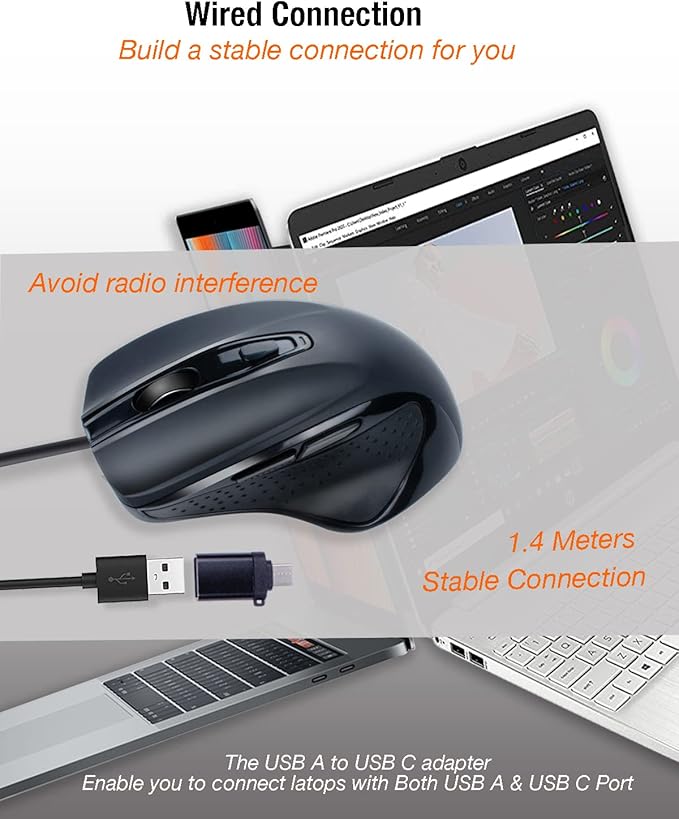 USB-C Wired, Large Size, Ergonomic, Gaming and Office Mouse with 6 Buttons, 4 Level DPI, Page Down/Up Buttons for MacBook Pro, iPad Pro & Laptops, Computer (Black)