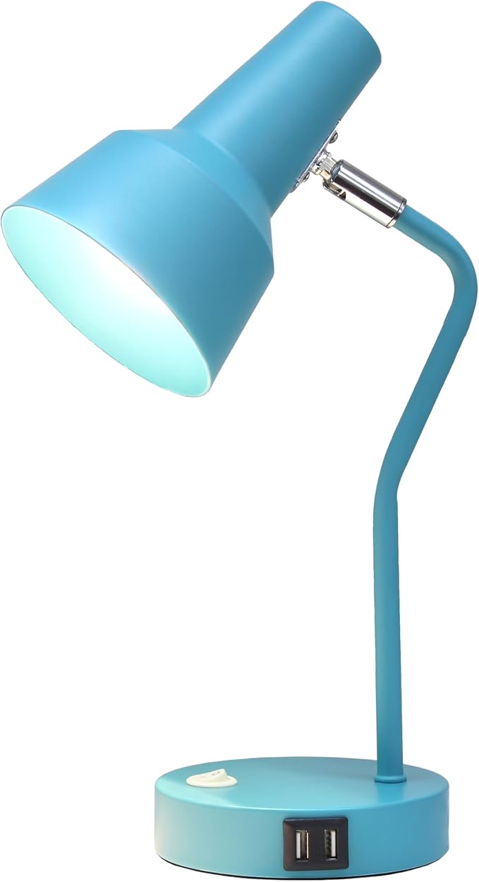 Simple Designs LD1072-CYN 15.2" Sleek Essentials Metal Cone Shade Desk Lamp with Adjustable Shade and Dual USB Ports, for Office, Desk, Nightstand, Dorm, Cyan Blue