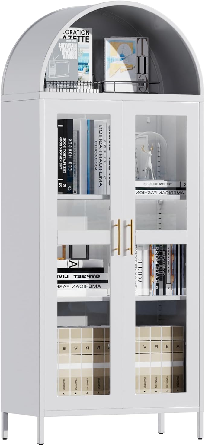 VEXPOR 73" Tall Arched Display Cabinet with Glass Doors, Metal Arched Curio Cabinet with 2 Adjustable Shelves for Living Room, Home Office, Assembly Required, White