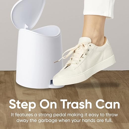 Superio Mini Bathroom Trash Can with Lid and Foot Pedal (3 Liter/0.75 Gal) White Modern Plastic Step On Garbage Can, Small Waste Bin for Bathroom, Bedroom, Office, Desktop, Counter