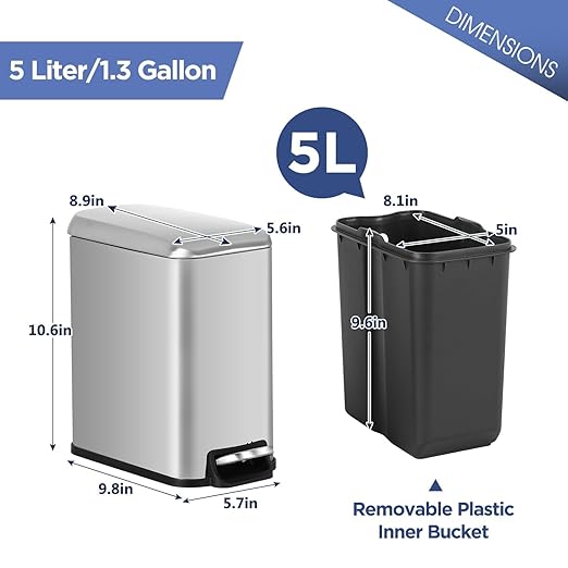 Bigacc 1.3 Gallon Kitchen Trash Can, Stainless Steel Small Trash Can & Mini Garbage Can with Removable Plastic Inner Bucket Lid, Foot Pedal, Waste Bin for Bathroom