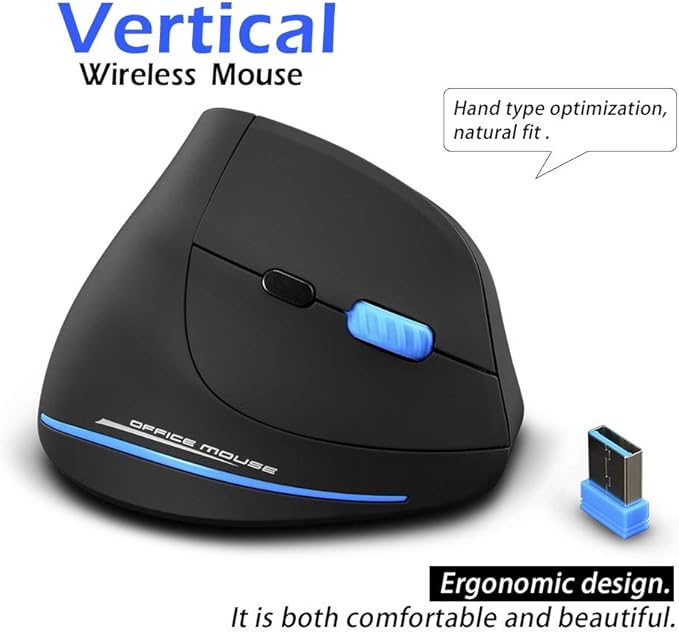 ZLOT Vertical Wireless Mouse,2.4G USB Optical Ergonomic Mice with 3 Adjustable DPI 1000/1600/2400 and 6 Buttons for Laptop, PC, Computer, Desktop, Black