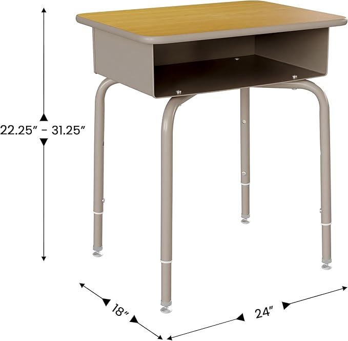 EMMA + OLIVER Jacobs Desk/Stackable Ergonomic Chair Set, Flex Comfort Seat Back, Adjusting Desk Legs, Metal Open Front Storage Box, Maple Desktop/Navy Chair