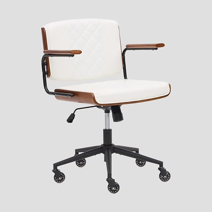 Home Office Desk Chair with Rubber Wheels, Adjustable Height Office Chair with Arms, Leather Mid Back 360° Small Computer Chair, Modern Walnut Chair for Office, Reading Meeting Room (White)