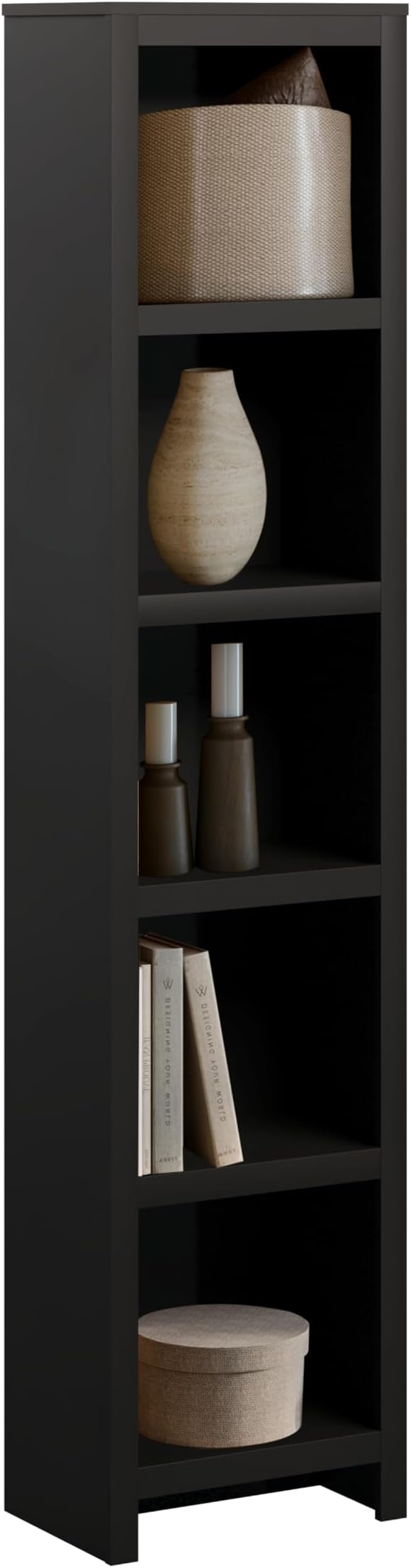 Prepac Moda 80" Tall 5-Tier Narrow Bookcase in Black, Modern Storage Accent Bookshelf with 3 Adjustable Shelves for Home, Office, Living Room, Bedroom