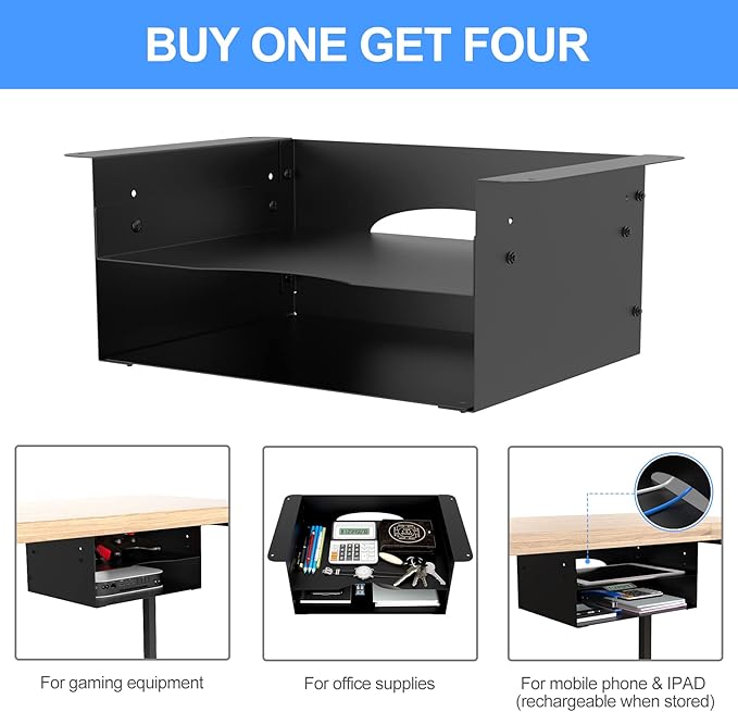 GOME Under Desk Storage Metal Shelf Double Layer Design with Adjustable Tray Organizer Drawer with Big Hole in The Back for Stand Up Desks Office Desks Workstations Tv Stand