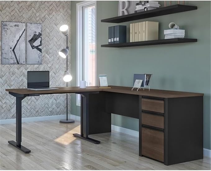 Pemberly Row 2 Piece Standing Desk Set, Adjustable Height 28"-45", Antigua and Black Finish, Particle Board and Melamine, Includes Storage Credenza with 3 Drawers, Reversible Design, Home Office