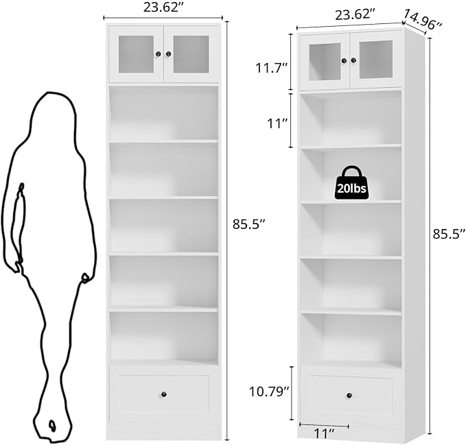 TUSY 85.5 Inch Tall Bookshelf with Doors - 7 Tier Bookcase with Glass Doors and Drawer, 23.6" Wide Storage Cabinet with Open Shelves for Living Room, White Book Shelf for Home Office, Study (B)
