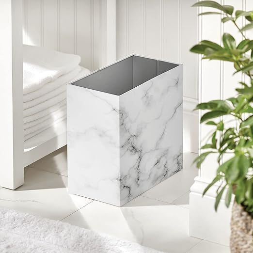 mDesign Small Steel Rectangular 2.4 Gallon/9.1 Liter Trash Can, Waste Basket for Bathroom, Bedroom, Home Office - Holds Garbage, Recycling, Household Items - Linn Collection - White Marble