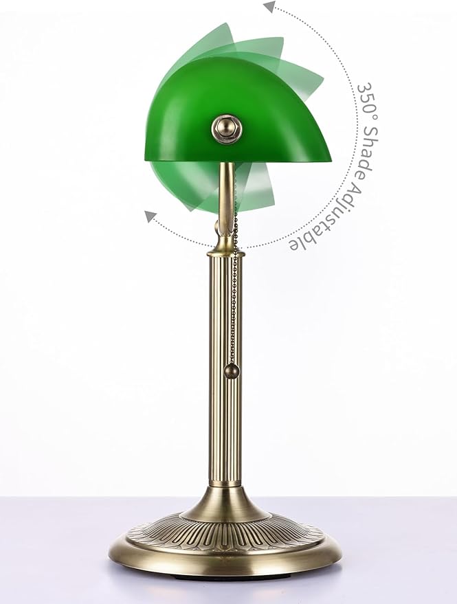 Newrays 1-Minute Quick-Change Shade Classic Green Glass Bankers Desk Lamp for Study, Office, Library, LED Bulb Included