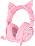 Jimonyer Gaming Headset for PC/PS4/PS5/Xbox One/Switch, Stereo Surround Sound Gaming Headphones with Noise Canceling Flexible Mic, Computer Headset with 3.5mm Jack & RGB Light (PinkCat)