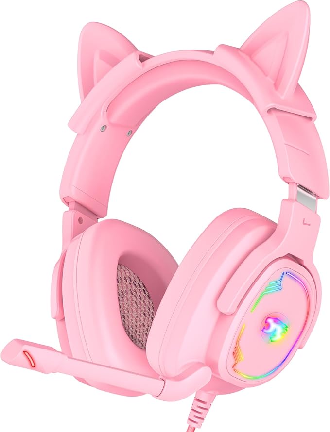 Jimonyer Gaming Headset for PC/PS4/PS5/Xbox One/Switch, Stereo Surround Sound Gaming Headphones with Noise Canceling Flexible Mic, Computer Headset with 3.5mm Jack & RGB Light (PinkCat)