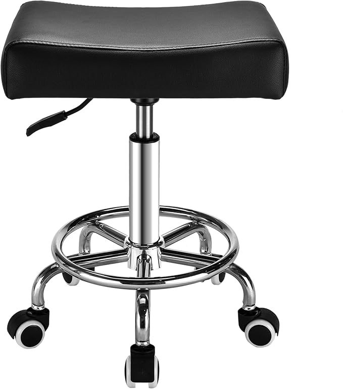 Square Salon Rolling Stool - 300lbs Weight Capacity，Adjustable Swivel Stool with Wheel，Pu Leahter Comfortable Cutting Stools for Salon Tattoo Stylist Massage Perfect for Work SPA (Premium Black)