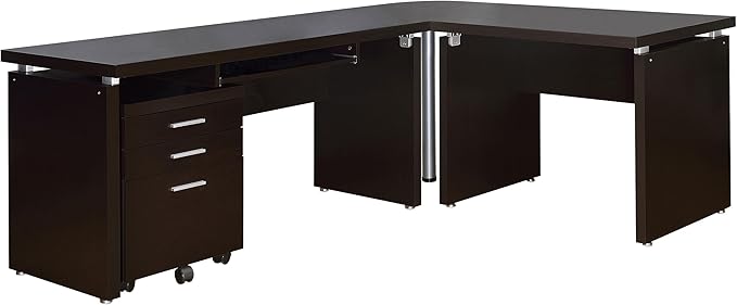 Coaster Home Furnishings - Skylar - Wood - L-Shaped Desk Set with Keyboard Tray, Mobile Filing Cabinet with Casters, Three Drawers - Transitional Style - Home Office - Cappuccino - 800891-S4