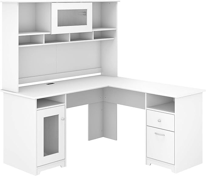 Bush Home Cabot 60W L Shaped Computer Desk with Hutch and Storage in White, 60-inch Corner PC Workstation for Home Office