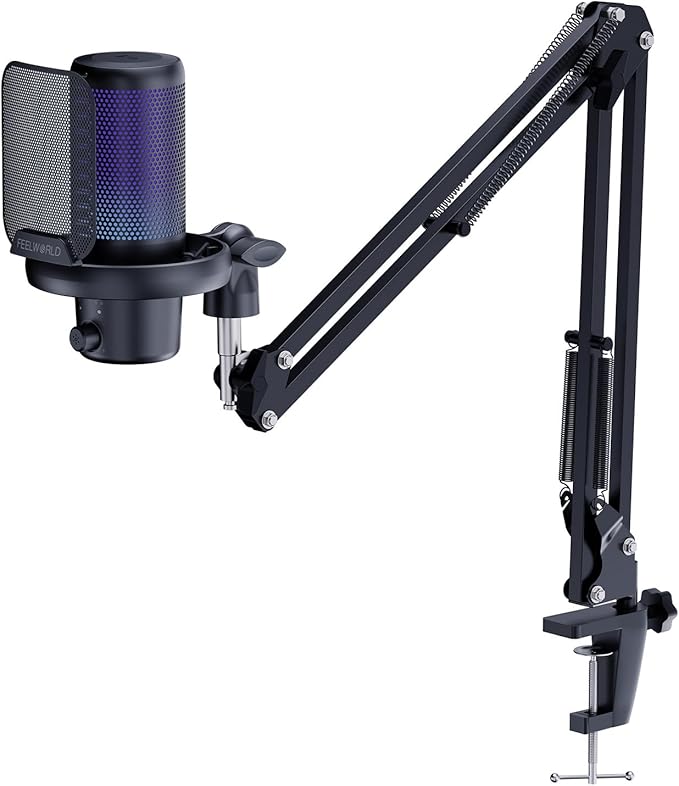 FEELWORLD VM1 AS USB Condenser Gaming Microphone for Streaming Noise Cancellation Mute RGB Light Desktop Stand(Black)