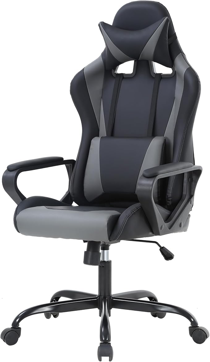 PayLessHere Ergonomic Racing Desk Chair Gaming Chair Computer Chair with Armrests 360° Swivel & Caster Pu Desk Task Chair Executive Headrest Lumbar Support for Back Pain Women Men and Adults (Grey)