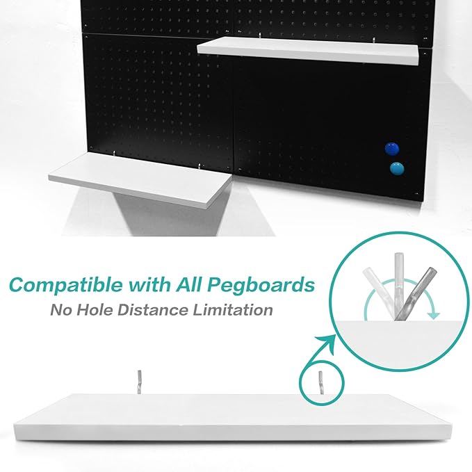 Pegboard Shelves, White 16" x 6" Large Peg Board Racks 2Pack Wall Organizer Shelf, 1/4 inch Heavy Duty Metal Brackets Fit All Pegboards, Wood Slats, Craft Garage Workbench Office Shelving Accessories