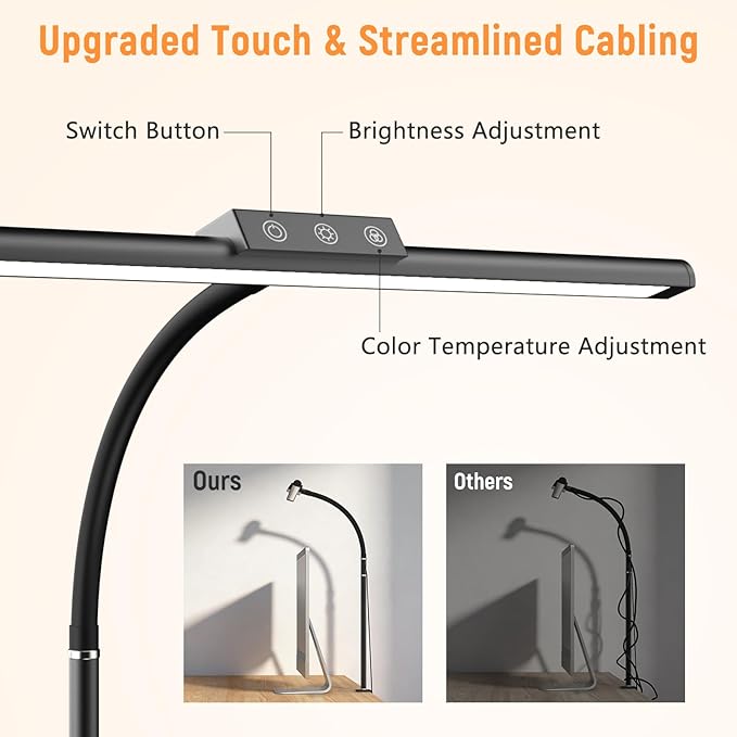 LED Desk Lamp for Home Office, Flexible Gooseneck Desk Lamp with Clamp, 5 Color Touch Control Stepless Dimming Adjustable Eye-Caring Desk Light with Adapter for Reading, Drafting, Study, Workbench