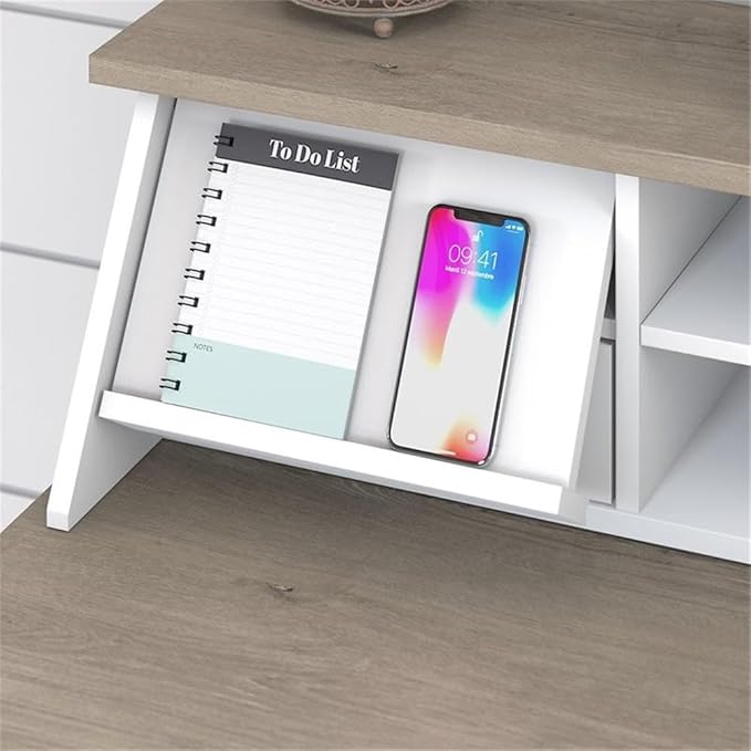 UrbanPro 60W L Shaped Computer Desk with Storage, Pure White and Shiplap Gray Finish, Desktop Organizer with Cubbies and Drawers, Modern Farmhouse Style Home Office Desk