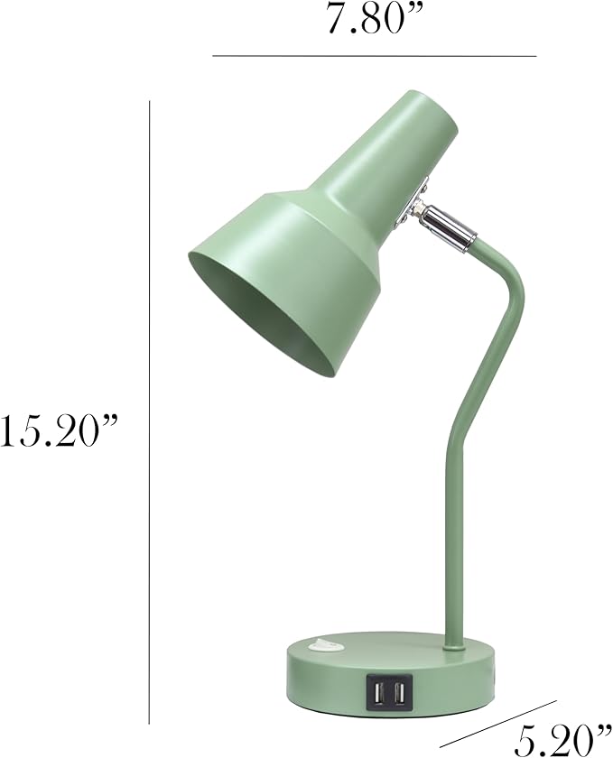 Simple Designs LD1072-SGE 15.2" Sleek Essentials Metal Cone Shade Desk Lamp with Adjustable Shade and Dual USB Ports, for Office, Desk, Nightstand, Dorm, Sage Green