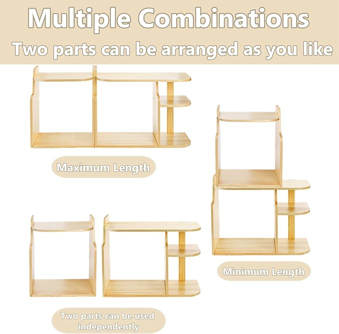 Desk Shelf Organizer, Adjustable Wood Desktop Organizers, Office Storage Rack, Small Tabletop Bookshelf, Freestanding Corner Display Shelf, Multi-Combination Desk Hutch for Dorm Home Study