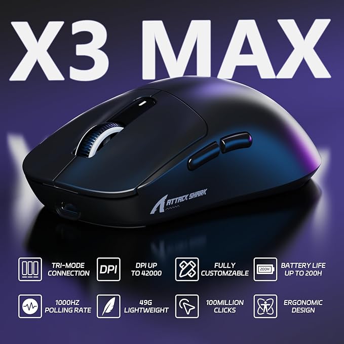 ATTACK SHARK X3MAX Wireless Gaming Mouse,PixArt PAW3950 Gaming Sensor,Up to 42K DPI,100 Million Micro,49g Lightweight Tri-Mode(BT5.2/2.4Ghz/Wired) Mice with Coiled Cable-Black