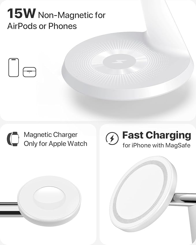 QTlier 3 in 1 Charger for MagSafe, Wireless Charging Station, Compatible with MagSafe Charger for iPhone 16 15 14 13 12 Series, AirPods Pro/3/2, 5W for Apple Watch(30W Adapter Included)