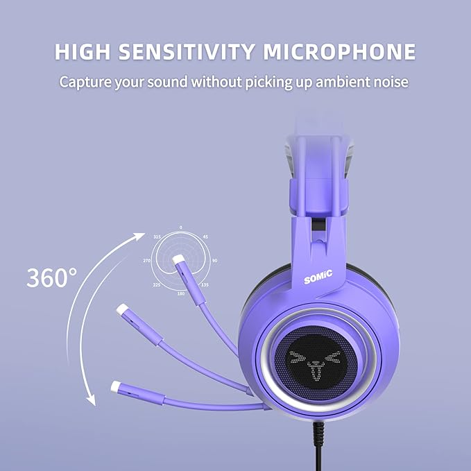 SOMIC G951S Purple Stereo Gaming Headset with Mic for PS4, PS5, Xbox One, PC, Phone, Detachable Cat Ear 3.5MM Noise Reduction Headphones Computer Gaming Headphone Self-Adjusting Gamer Headsets
