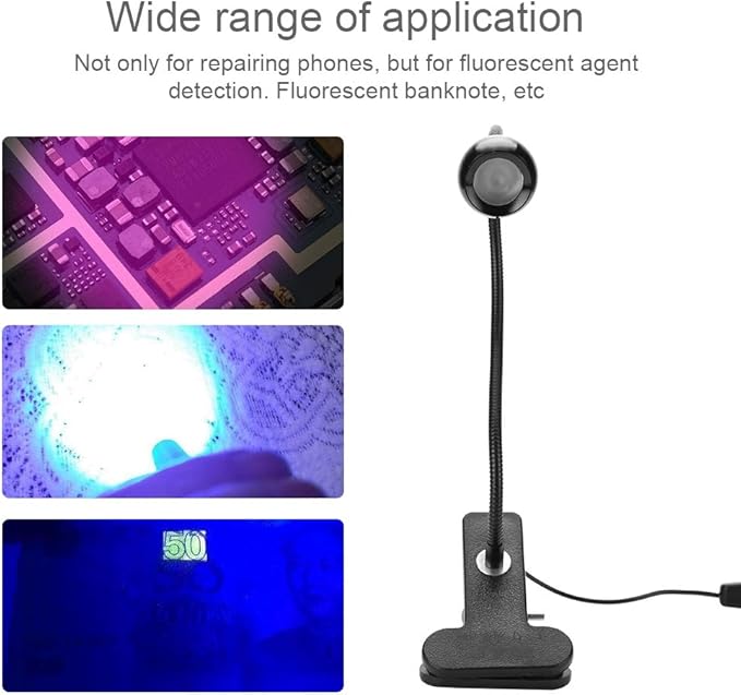 Zopsc USB 3W LED Phone Glue Curing Lamp,Portable Clamp Flexible 360 ° Desk Lamps,395 Wavelength,Plug and Play,for Repairing Phones,Fluorescent Agent Detection,Fluorescent Banknote