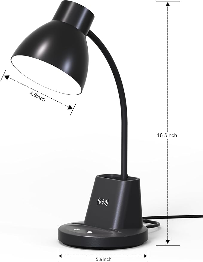 Sailstar Desk Lamp for Home Office, 10W Wireless Charging, Eye-Caring LED Desk Light, CRI 95+ 3 Color Modes Stepless Dimming Pen Holder, 360° Flexible Arm Desk Lamps for College Dorm, Adapter Included