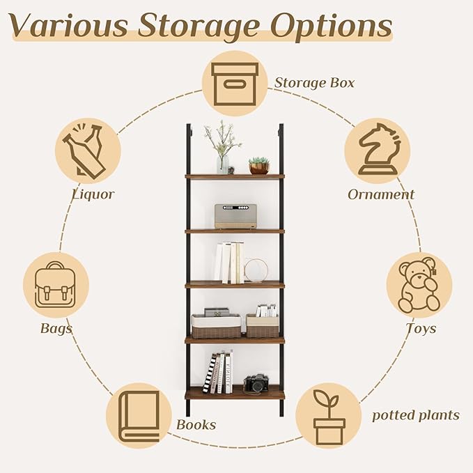 Karl home Ladder Shelf 5 Tier Wall Mounted Bookcase with Metal Frame,Open Design Shelves for Living Room,Bedroom,Home,Office,Rustic Brown (23.6" L x 11.8" W x 70.9" H)