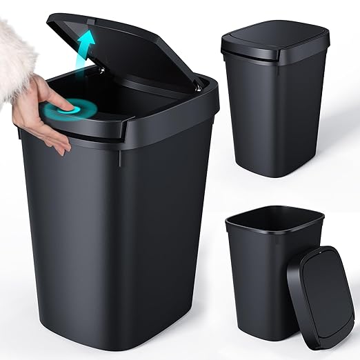 CEROELDA 3 Pack Slim Bathroom Trash Can, 10L/2.6 Gal with Press Top and Pop-up Lid, Plastic Wastebasket for Toilet, Office, Bedroom (Black)