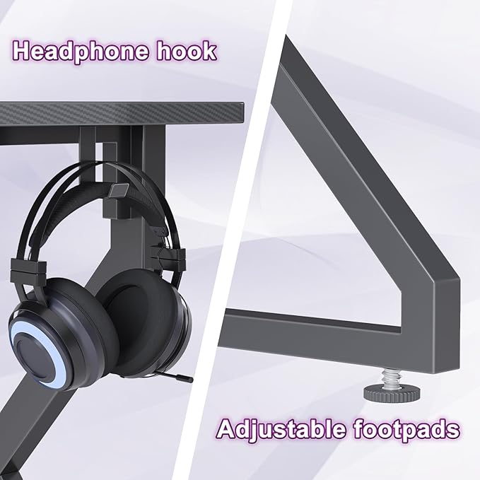 Grandder Gaming Desk Z Shaped 47 Inch Gamer Workstation, Home Computer Carbon Fiber Surface Gaming Desk PC Table with Headphone Hook, Carbon Fiber Grey