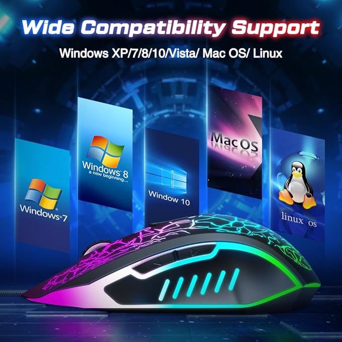 VersionTECH. Wired Gaming Mouse, Computer Mouse Ergonomic Mice with 7 LED Lights RGB Backlit, 6 Programmable Buttons, 4 Adjustable DPI for Laptop PC Gamer Desktop Chromebook Mac Games-Black