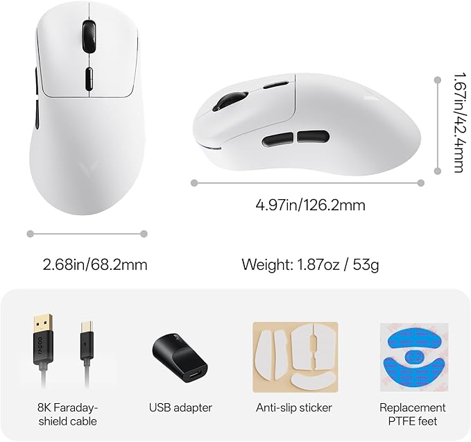 Rapoo VT3 MAX Gen-2 Wireless Gaming Mouse, True 8K Wireless Polling Rate, 53g Lightweight, Up to 750 Hr Battery, Nordic nRF54L15 MCU, 120-Million Optical Switch, 10 Programmable Buttons, Macro Enabled