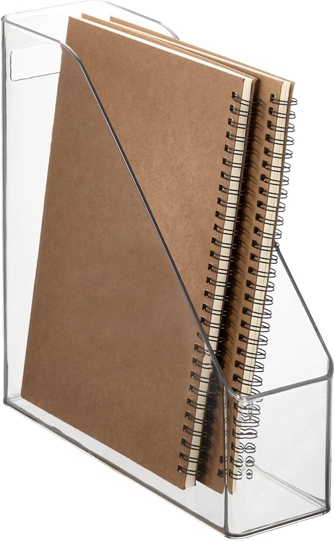 mDesign Plastic Slim Vertical File Folder Storage Organizer Bin with Handle, Hold Notebooks, Binders, Envelopes, Magazines for Home Office, Work Desktops, Ligne Collection, 4 Pack, Clear